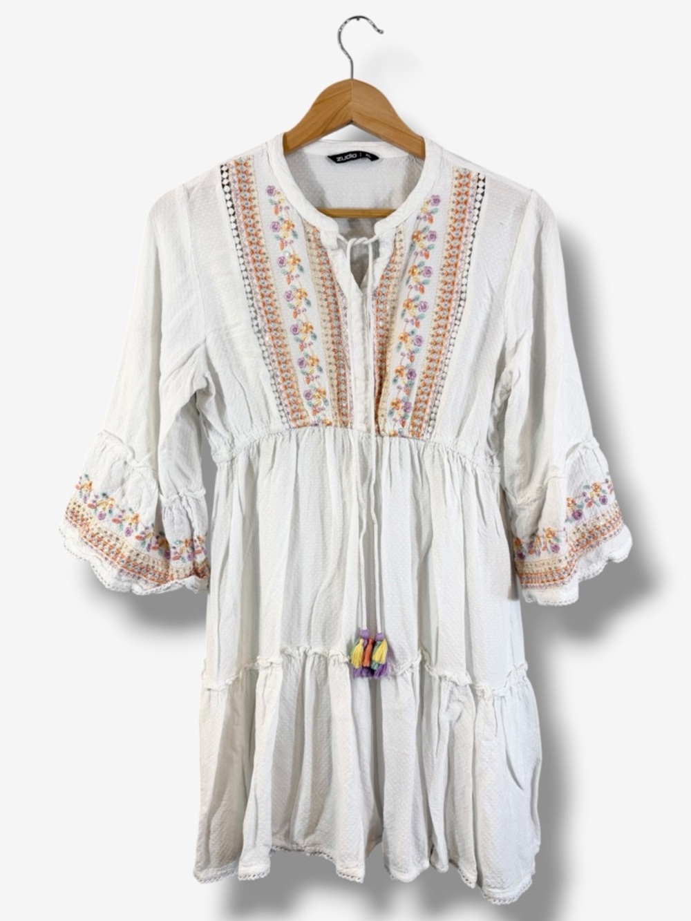Zudio White Boho Tiered Mini Dress XL Tassel Embroidered Bell Sleeve Tie Neck